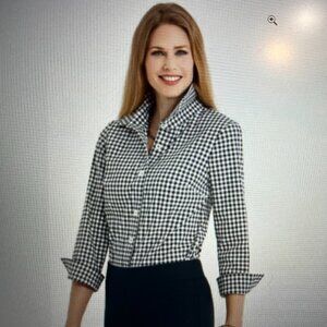 Classic NINA McLEMORE Stretch Seersucker Gingham Plaid Shirt, Navy/White, Size 2